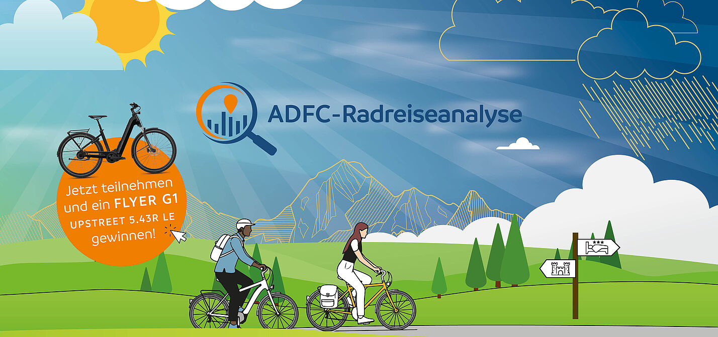 ADFC-Radreise-Analyse 2025 Illustration von zwei Radfahrenden vor einer bergigen Landschaft