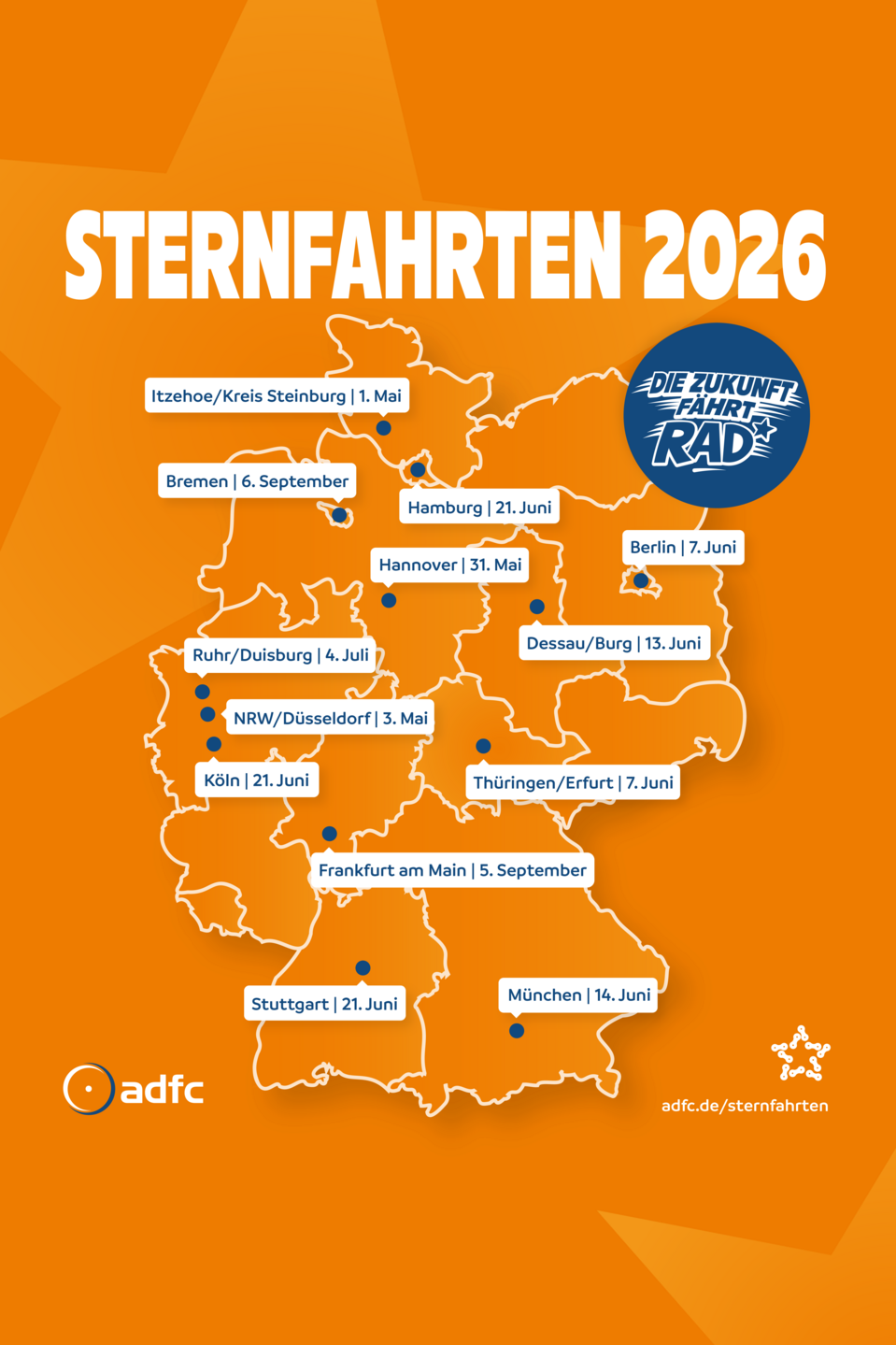 Übersichtskarte Sternfahrten 2026 Man sieht eine Deutschlandkarte mit allen Sternfahrten 2026 mit Ort und Datum